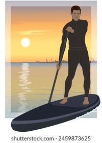 Paddleboarding Paddle Boarding SUP, remero de pie masculino, con traje de neopreno, remando en aguas tranquilas con puesta de sol en el fondo