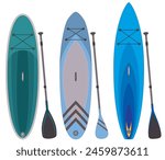 paddleboarding paddle boarding SUP, set of 3 boards and paddles in different styles isolated on a white background