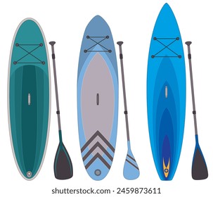 paddleboarding paddle boarding SUP, set of 3 boards and paddles in different styles isolated on a white background