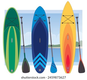 Paddleboarding Paddle Boarding SUP, conjunto de 3 tablas y paddles en diferentes estilos con cielo y agua en el fondo