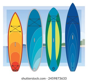 Paddleboarding Paddle Boarding SUP, conjunto de 4 tablas y paddles en diferentes estilos con cielo y agua en el fondo