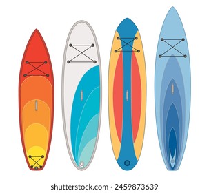 Paddleboarding Paddle board SUP, conjunto de 4 tablas y paletas en diferentes estilos aislados sobre un fondo blanco