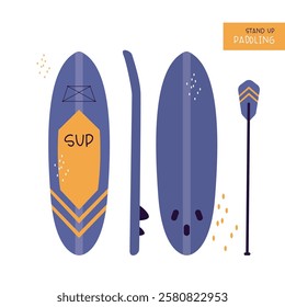 Paddleboarding, paddle boarding SUP, set of boards and paddles in different styles isolated on a white background. Summer water sport themed. flat vector illustration