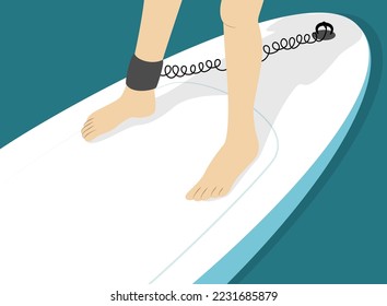 Paddleboarding safety connector for feet to connect the human to the board. Legs of person standing on sup board.