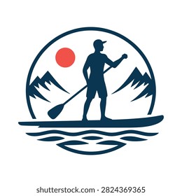 Paddleboarding Silhouette With Mountain And Sun Backdrop Flat Vector Illustration