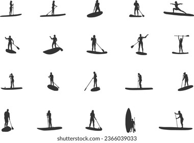 Paddleboarding silhouettes, Woman paddleboard silhouette, Paddleboard silhouette, Standup paddleboarding, Paddleboard svg, Paddleboard vector, Paddle surfers V01