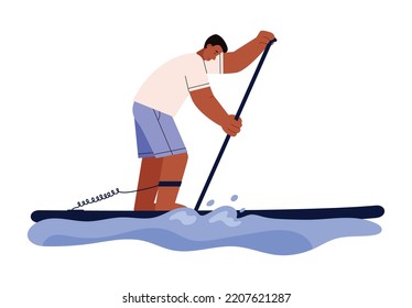 Paddleboarding sport or pastime activity and workout emblem or banner with character of man paddling while standing, flat vector illustration isolated on white background.