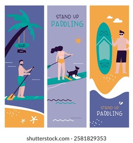 Paddleboarding SUP, characters stand up paddle boards. Surfers in swimwear riding sea waves on paddle board. Set of three vertical cards. Summertime activity, vacation. flat vector illustration