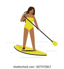 Paddleboarding vector illustration. Flat character - young woman wearing yellow swimsuit - standing on SUP board. Water sports, recreational activity, Hawaii sports, surfing concepts.