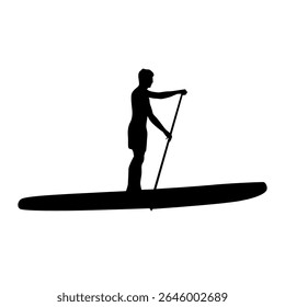 Paddleboarding, esporte aquático, homem no paddleboard, isolado vetor silhueta, vista lateral
