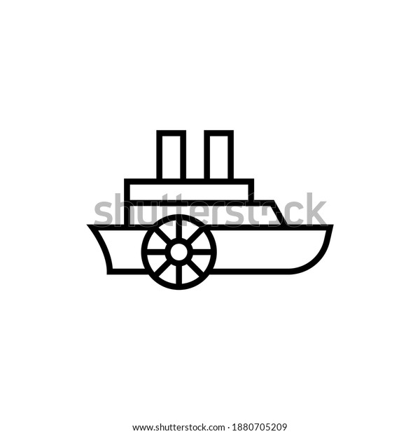 paddleboat paddlewheel boat icon in flat black\
line style, isolated on white\
background