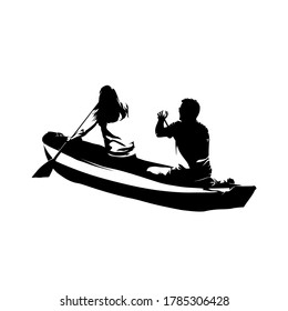 Paddlers go down the river on inflatable raft. Isolated vector silhouette, ink drawing. Couple on vacation