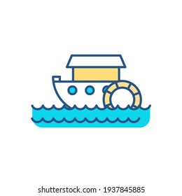 Paddle-wheel boat RGB color icon. Small vessel for travel. Recreational boating. Paddle steamer. Steamship, watercraft. Enjoying on water activities. Sports recreation. Isolated vector illustration