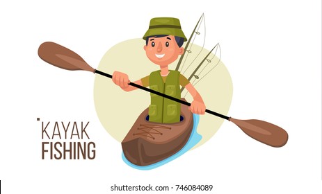 Paddling Kayak Vector. Summer Kayak Fishing. Fishermen Isolated Flat Cartoon Character Illustration