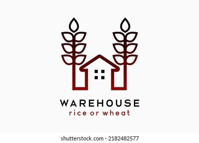 Paddy Barn Or Wheat Barn Logo Design, Wheat Or Paddy Icon In Creative Line Art