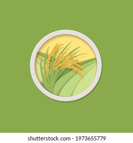 Paddy Field and Rice Plant Vector Illustration with Paper Cut Out Style