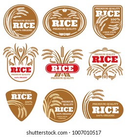 Paddy Grain Organic Rice Labels. Healthy Food Vector Logos Isolated. Illustration Of Rice Label Food Collection