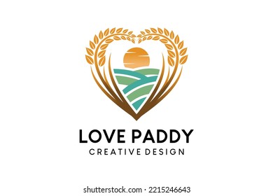 Paddy Logo Design With Farmland In Heart Shape, Paddy Farm Logo Vector Illustration