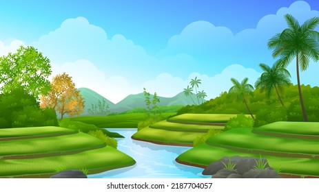 Paddy rice field terrace with a clean river flowing in the middle, beautiful rural farming landscape