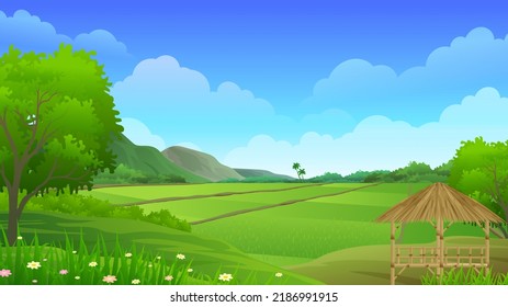 Paddy rice fields with Bamboo Gazebo and Beautiful nature rural landscape