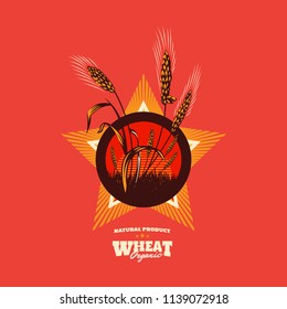 Paddy Wheat rice organic grain products food and revolution star. Propaganda logo element style.