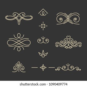 Pade decorations set. Vintage calligraphic elements. Book decor. Ornamental filigree pattern. Black and white isolated. Vector illustration.