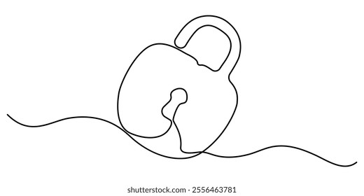 pade lock continuous one line drawing, Security Padlock Line icon, Sketch Design, Pixel perfect, Editable stroke, Encryption, Firewall, Guarding, Key, Continuous line draw design vector illustration. 
