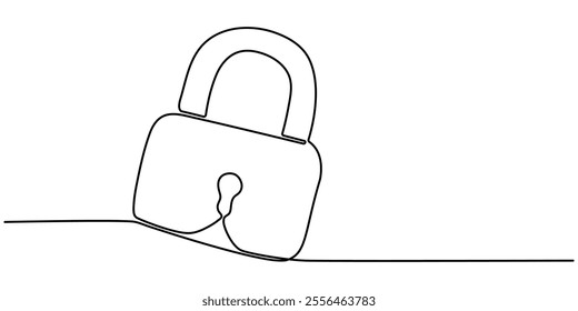 pade lock continuous one line drawing, Security Padlock Line icon, Sketch Design, Pixel perfect, Editable stroke, Encryption, Firewall, Guarding, Key, Continuous line draw design vector illustration. 