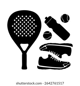 Raquete de esportes de bola de padel com ícone de jogo de bola em fundo branco.