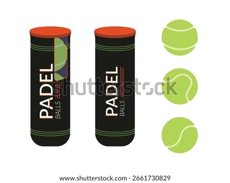 Padel balls vector illustration set. Modern flat design of classic padel balls and pressure tube containers isolated on white background. Sports equipment for professionals of popular court game