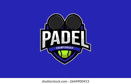 Padel championship logo design. Sport emblem symbol with racket and ball concept for tournament. Badge vector template