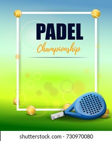 Padel championship poster: Racket and paddle balls on colorful background. Vector image