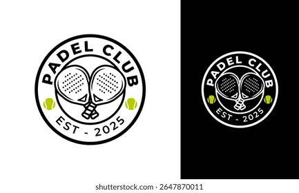 Padel clube círculo logotipo design. Símbolo desportivo com duas raquete e bola para equipe. Padel tênis vetor emblema