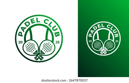 Design do logotipo do clube Padel. Símbolo de esporte com emblema de círculo, raquete e conceito de bola. Modelo de vetor de tênis Padel