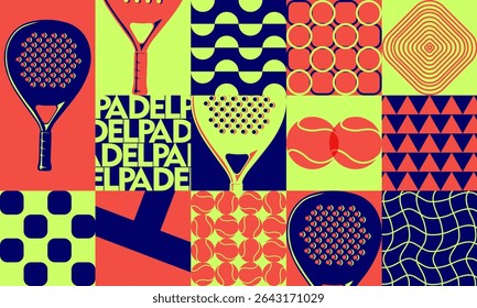Padel colorido memphis neomegametric design vetor. Ilustração de vetor de padrão geométrico de padel.
