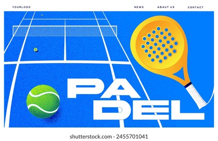 padel competition banner, ball and racket on blue court vector graphics