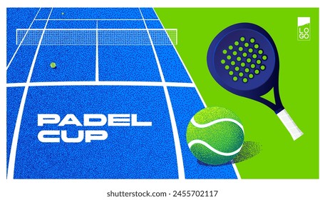 Anuncio de competición de pádel, bola y raqueta sobre fondo azul y verde, cancha, gráficos de Vector, ilustración