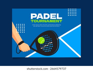Padel-Wettbewerbsbanner. Blauer Hintergrund mit einer Draufsicht auf einen Padelplatz, Ball und Schläger. Vektorgrafik des Padel-Sports.