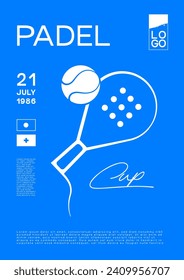 Padel competition poster on a background with a padel racket and ball in white. Poster, background, logo.