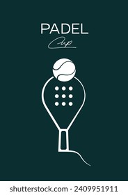 Padel competition poster on a dark green background with a racket and padel ball in white. Poster, background, logo.