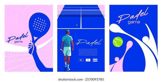 padel competition posters with padel players, court, ball and racket. background, texture, flyer