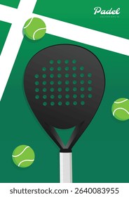 Padel court top view with rackets and balls. Sport background concept in flat vector illustration.
