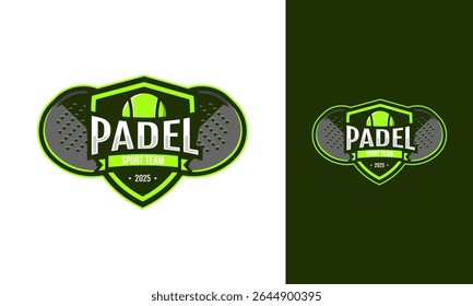 Padel emblem logo design. Shield, racket, and ball concept for padel sport club or tournament. Modern and strong symbol template