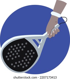 padel grip: vector illustration of a hand holding a paddle tennis racket with blue background