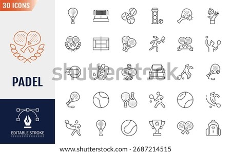 Padel line Editable Icons set. Containing Icons. racket, court, ball, and more. Vector illustration