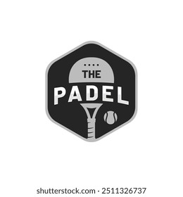 El diseño del logo de THE PADEL en gris claro y oscuro con raqueta de pádel y bola