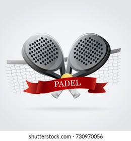 Padel logo racket. Black and white and red: Two padel rackets with red bow and yellow ball. With net of background.