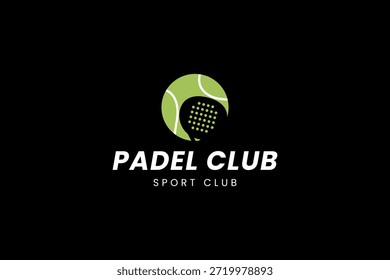 Plantilla del logo del pádel con una pelota que pasa a través de una raqueta. Es ideal para clubes, canchas, tiendas de pádel, ropa, etc.