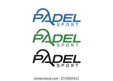 Logotipo del pádel, logotipo del texto de la tipografía del pádel, raqueta del pádel y Vector del diseño del logotipo de la bola