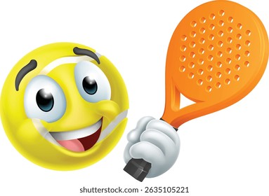 Um ícone de personagem emoticon de mascote de tênis de padel ou paddle ball segurando uma raquete